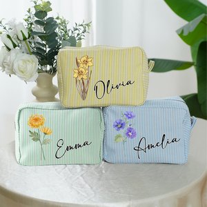 Personalizzato acquerello Retro nascita fiore Multicolore a strisce borsa per il trucco con nome viaggio essenziale festa di nozze regalo di compleanno per le donne ragazze