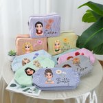 Personalised Cartoon Character Birth Flower Multicolour Stripes Makeup Bag with Name and Zipper Travel Birthday Anniversary Gift for Women