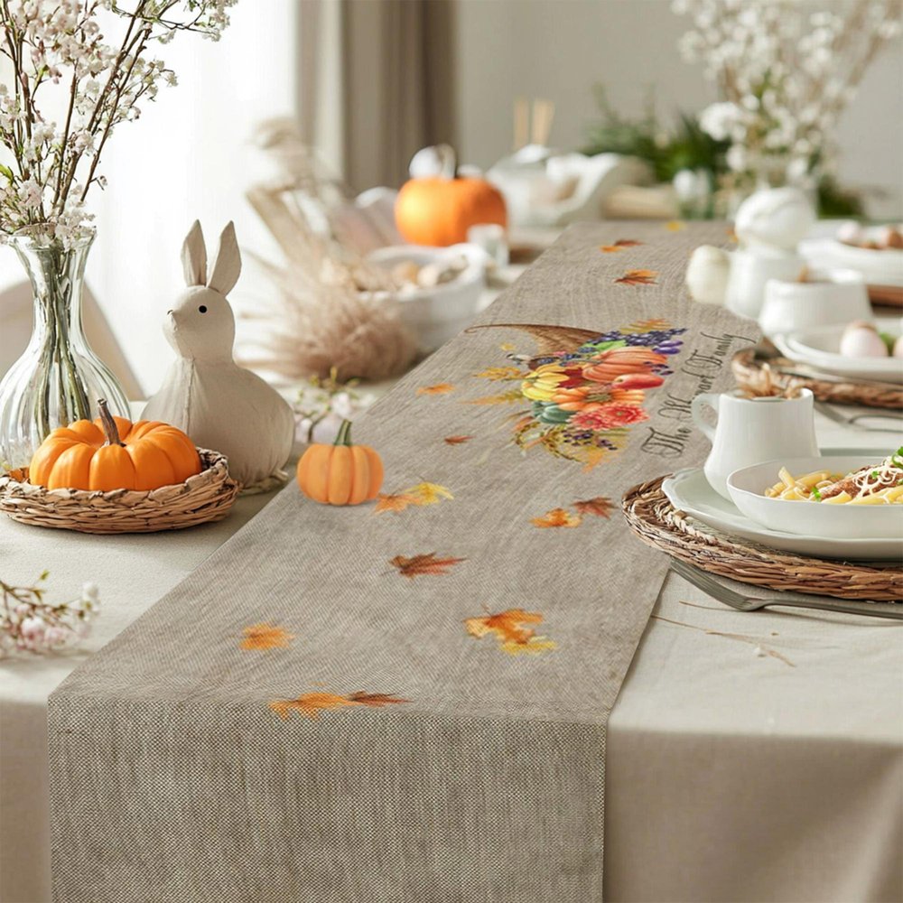Personlig Pumpa Cornucopia Höstelement Bordslöpare med text Heminredning Housewarming Halloween Present till familj vän