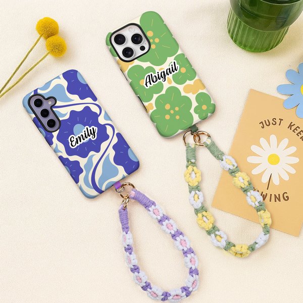 Personalized Abstract Floral Pattern Name Double Layer Phone Case for iPhone or Samsung with Wrist Strap and Shoulder Strap Birthday Gift for Women