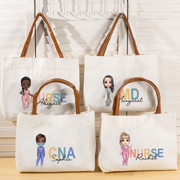 Personalized Cartoon Character Canvas Tote Bag with PU Leather Handle and Name Daily Use Appreciation Birthday Gift for Nurse Doctor Medical Staff