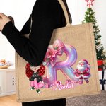 Personalisierte Cartoon-Charakter Weihnachtsmann wiederverwendbare große Jute Tote Tasche mit Namen und Initialen Weihnachten Geburtstag Geschenk für Familie Freunde Kinder