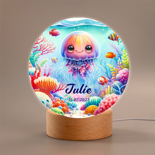 Veilleuse LED Personnalisée avec Motif d'Animaux Marins Nom et Date Décoration de Chambre avec Socle en Bois Cadeau Anniversaire pour Enfant