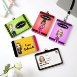 Personalisierte Wachsmalstift Cartoon Lehrer ID-Karte Ausweishülle aus PU Leder mit Namen Umhängeband Kugelschreiber Schulanfang Geschenk für Lehrer