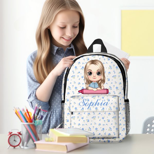 Personalized Floral Bow Cartoon Crayon Character Kid Backpack with Name and Side Pockets Birthday Back to School Gift for Boys Girls