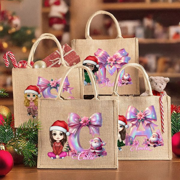 Personalisierte Cartoon-Charakter Weihnachtsmann wiederverwendbare große Jute Tote Tasche mit Namen und Initialen Weihnachten Geburtstag Geschenk für Familie Freunde Kinder