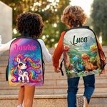 Zaino borsa termica e astuccio personalizzati con nome a tema cartone animato dinosauro e unicorno set per il ritorno a scuola regalo per bambini