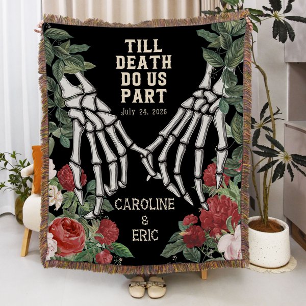 Personalised Skeleton Hand Rose Fringed Soft Throw Blanket with Name and Tassels Gothic Style Home Decor Halloween Gift for Gothic Lovers
