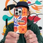 Funda de teléfono de doble capa con nombre y estampado floral abstracto personalizado para iPhone o Samsung con correa para la muñeca y para el hombro Regalo de cumpleaños para mujer