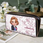 Personalized Vintage Floral Cartoon Character PU Leather Handheld Wallet with Name Multiple Compartments Wedding Anniversary Gift for Women