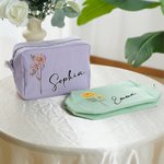 Personalized Watercolor Retro Birth Flower Multicolor Striped Makeup Bag with Name Travel Essential Wedding Party Birthday Gift for Women Girls
