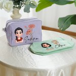 Personalised Cartoon Character Birth Flower Multicolour Stripes Makeup Bag with Name and Zipper Travel Birthday Anniversary Gift for Women