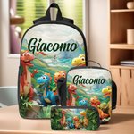 Zaino borsa termica e astuccio personalizzati con nome a tema cartone animato dinosauro e unicorno set per il ritorno a scuola regalo per bambini