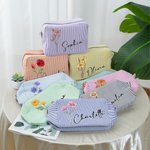 Personalized Watercolor Retro Birth Flower Multicolor Striped Makeup Bag with Name Travel Essential Wedding Party Birthday Gift for Women Girls