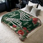 Personalized Skeleton Hand Rose Fringed Soft Throw Blanket with Name and Tassels Gothic Style Home Decor Halloween Gift for Gothic Lovers