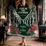 Personalized Skeleton Hand Rose Fringed Soft Throw Blanket with Name and Tassels Gothic Style Home Decor Halloween Gift for Gothic Lovers