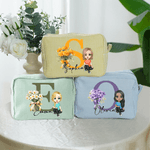 Personalized Birth Flower Initial Cartoon Character Multicolor Stripes Makeup Bag with Name Travel Essentials Wedding Birthday Gift for Women