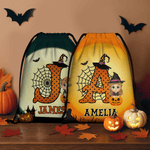 Personalised Cartoon Witch Character Pumpkin Portable Drawstring Backpack Bag with Name and Initial Daily Use Birthday Halloween Party Gift for Kids