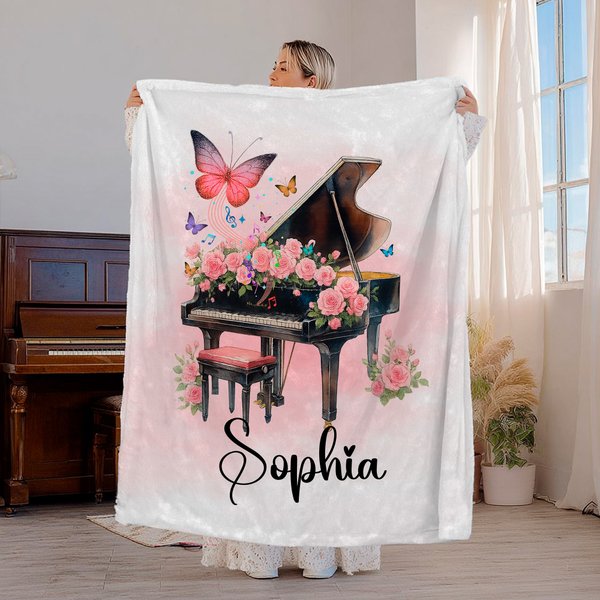 Personalised Watercolour Piano Birth Flower Soft Throw Blanket with Name Home Decor Birthday Gift for Women Girls Piano Lovers