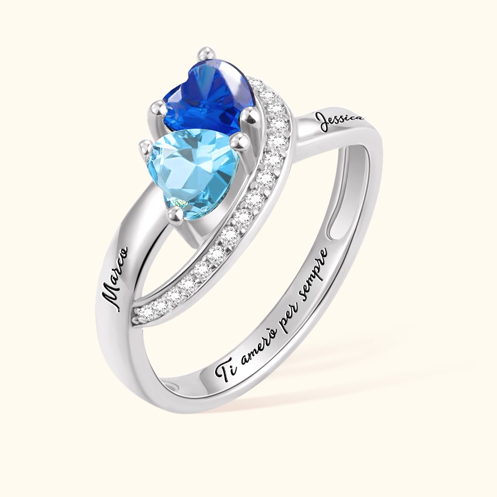 Anello personalizzato in argento sterling con pietra di nascita a cuore e 2 nomi incisi regalo promessa di matrimonio e anniversario per coppia