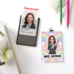 Personalised Cartoon Character Rainbow Pencil Bow Graffiti ID Badge Holder with Name Teacher's Day Back to School Birthday Gift for Teachers