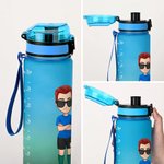 Personalized Gradient Cartoon Soccer Boy Girl 32 oz Leakproof Motivational Sports Water Bottle with Name and Time Marker Gift for Gym Soccer Lovers