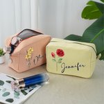 Personalized Watercolor Retro Birth Flower Multicolor Striped Makeup Bag with Name Travel Essential Wedding Party Birthday Gift for Women Girls