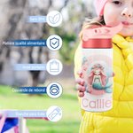 Gourde Isotherme 355 ml Personnalisée avec Motif Sirène Féerique Océan Initiale et Nom Poignée et Paille en Silicone Cadeau Rentrée pour Fille