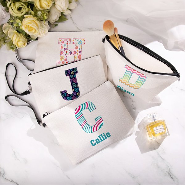 Personalized Stripe Heart Flower Initial Name Portable Makeup Bag with Wrist Strap Daily Travel Storage Anniversary Birthday Gift for Women