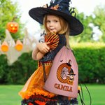 Personalised Cartoon Witch Character Pumpkin Portable Drawstring Backpack Bag with Name and Initial Daily Use Birthday Halloween Party Gift for Kids