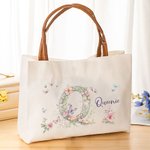Personalized Floral Butterfly Initial Canvas Tote Bag with Name and PU Leather Handle Birthday Wedding Anniversary Gift for Women Girls