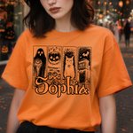 Personalized Gothic Ghost Pumpkin Black Cat Castle Multicolor  T-shirt Sweatshirt with Name Halloween Costume Holiday Gift for Family Friends Girls