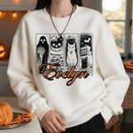 Personalized Gothic Ghost Pumpkin Black Cat Castle Multicolor  T-shirt Sweatshirt with Name Halloween Costume Holiday Gift for Family Friends Girls