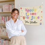 Personalized Happy to See Your Face Flower Rainbow Tapestry with Text Classroom Decor Back to School Gift for Teachers