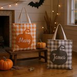 Personalized Pumpkin Plaid Pattern Reusable Canvas Bag with Name Autumn Accessories Halloween Thanksgiving Day Gift for Women