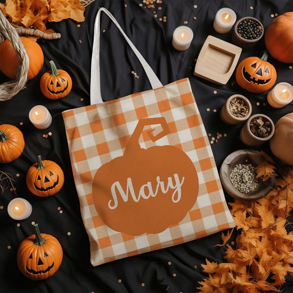 Henkilökohtainen kurpitsa ruudullinen kuvio uudelleenkäytettäviä kangas laukku nimi syksyn tarvikkeet Halloween kiitospäivä päivä lahja naisille