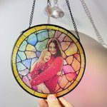 Personalized Stained Glass Style Family Photo Suncatcher Ornament with Text Window Balcony Hanging Decor Birthday Gift for Grandma Mom
