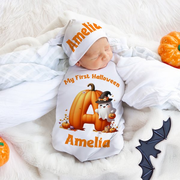 Personalisierte Kürbis Initial 100% Baumwolle Multicolor Swaddle und Knoten Hut Set mit Namen Halloween Baby Dusche Geburtstag Geschenk für Neugeborene