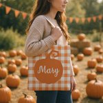 Personalized Pumpkin Plaid Pattern Reusable Canvas Bag with Name Autumn Accessories Halloween Thanksgiving Day Gift for Women