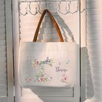 Personalized Floral Butterfly Initial Canvas Tote Bag with Name and PU Leather Handle Birthday Wedding Anniversary Gift for Women Girls