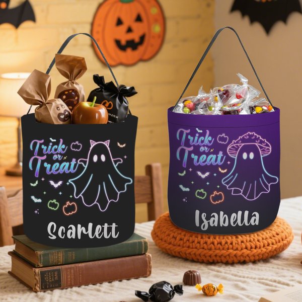 Personalised Trick or Treat Fluorescent Ghost Pumpkin Bat Reusable Sweets Bucket with Name Halloween Party Favors Gift for Kids