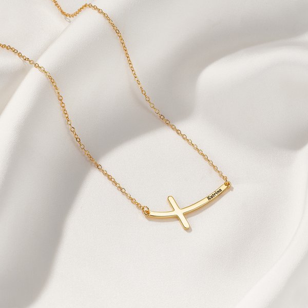 Personalized Sideways Curved Cross Necklace with Name Dainty Jewelry Birthday Anniversary Communion Gift for Women