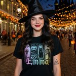 Personalized Gothic Ghost Pumpkin Black Cat Castle Multicolor  T-shirt Sweatshirt with Name Halloween Costume Holiday Gift for Family Friends Girls