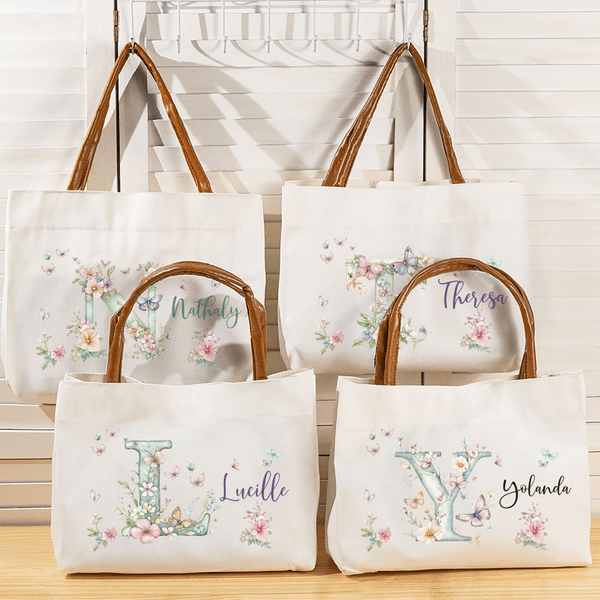 Personalised Floral Butterfly Initial Canvas Tote Bag with Name and PU Leather Handle Birthday Wedding Anniversary Gift for Women Girls