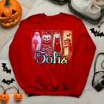 Personalized Gothic Ghost Pumpkin Black Cat Castle Multicolor  T-shirt Sweatshirt with Name Halloween Costume Holiday Gift for Family Friends Girls