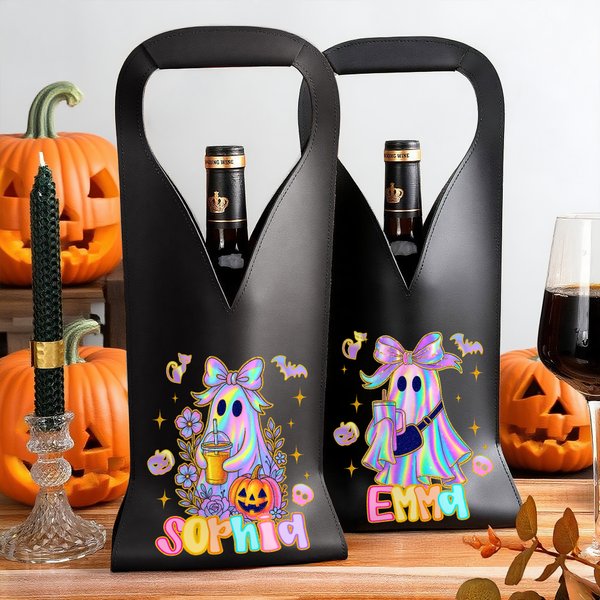 Personalised Cute Cartoon Bow Ghost PU Leather Protective Wine Bag with Name Halloween Party Anniversary Gift for Wine Lovers
