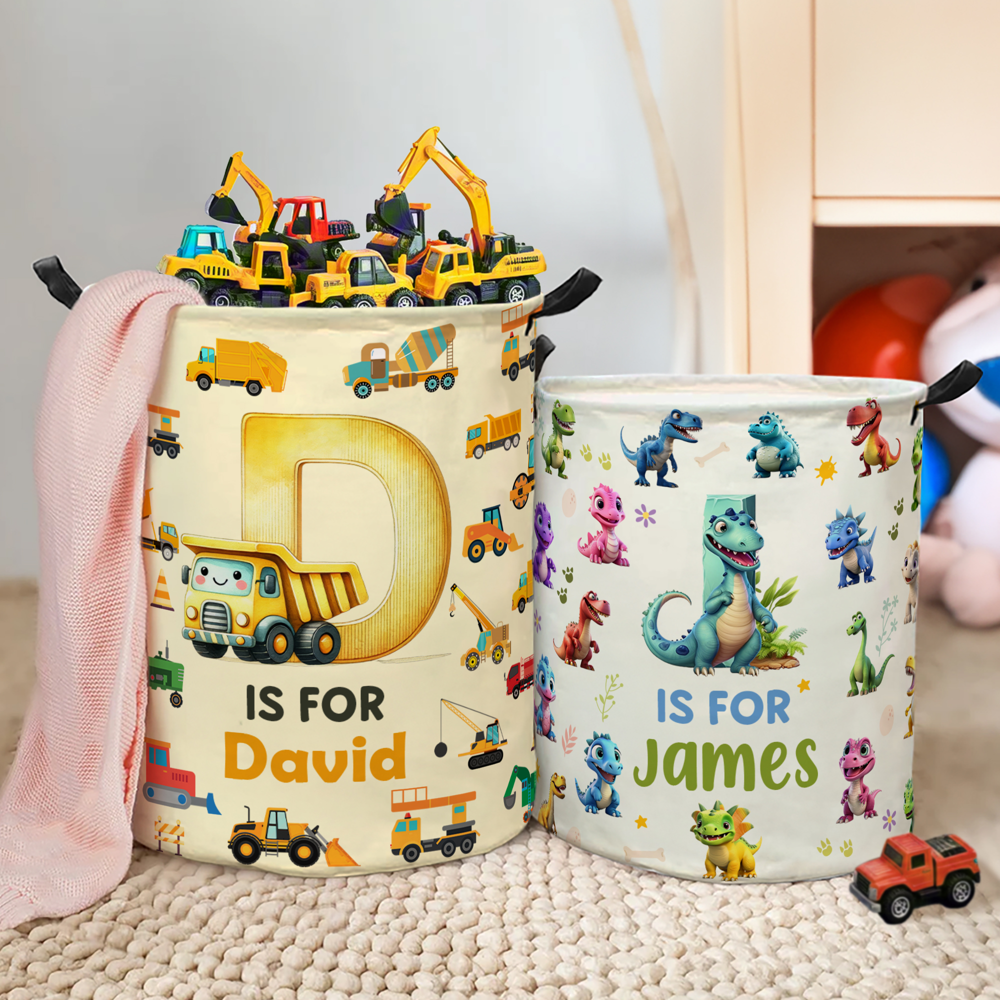Panier à linge personnalisé avec nom pour excavatrice, licorne fantastique, dinosaure, décoration de chambre d'enfant, cadeau d'anniversaire pour garçon et fille.
