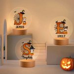 Veilleuse LED Personnalisée Chapeau de Sorcière Citrouille Personnage Cartoon avec Base en Bois Nom et Initiale Cadeau d'Halloween pour Garçons Filles
