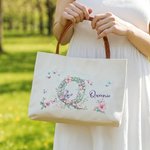Personalized Floral Butterfly Initial Canvas Tote Bag with Name and PU Leather Handle Birthday Wedding Anniversary Gift for Women Girls