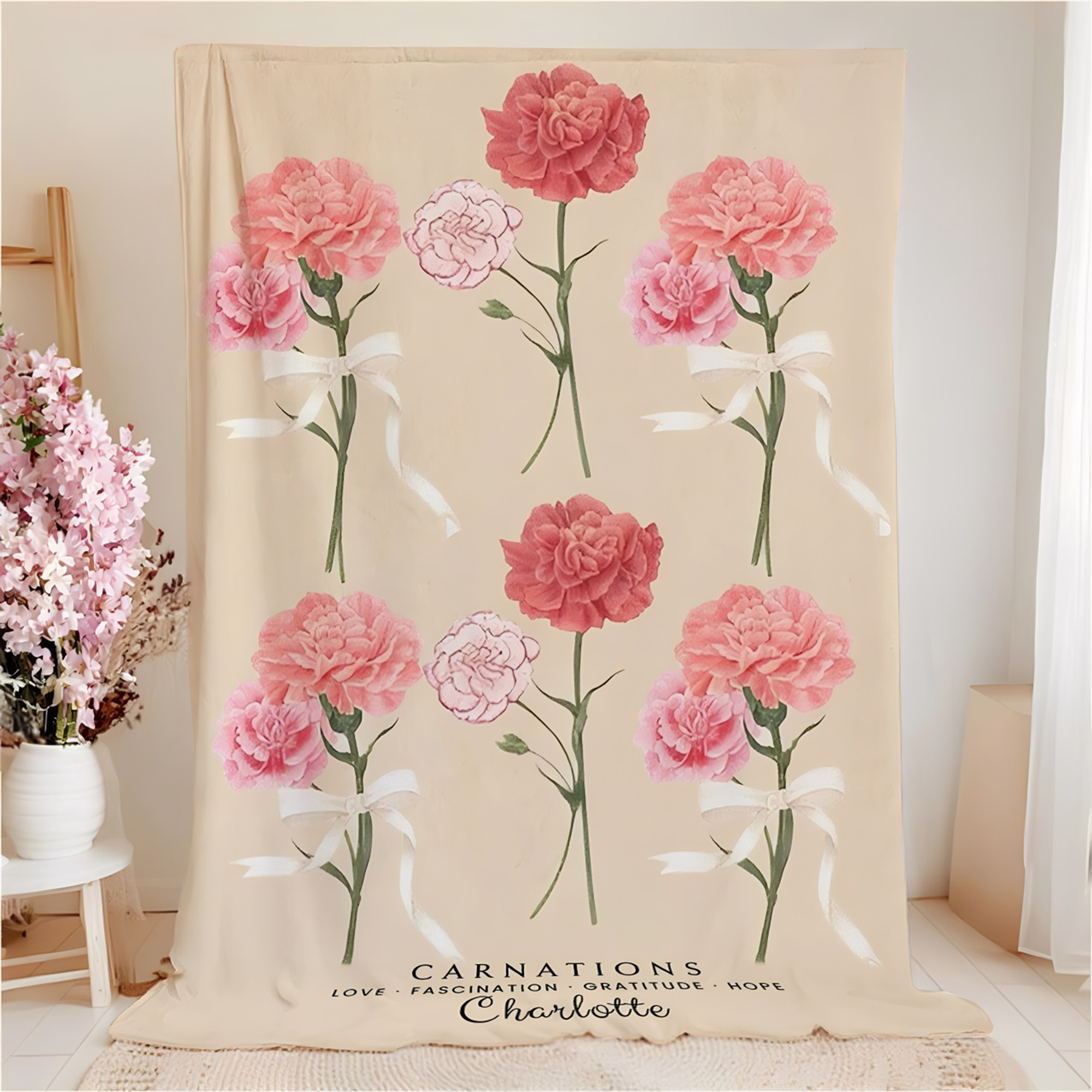Couverture douce personnalisée avec nom et fleur de naissance Cadeau d'anniversaire pour femme